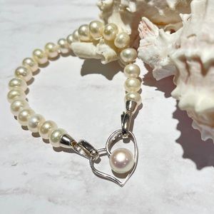 White Cultured Freshwater Pearl Bracelet W/ 925S Heart Shaped Pendant Clasp 7.5"
